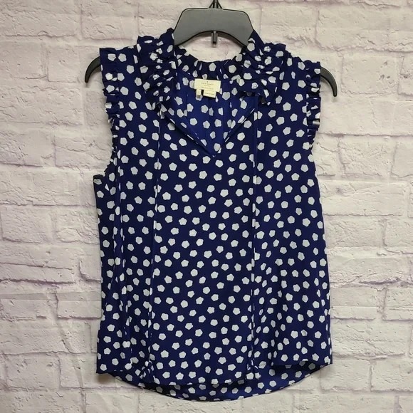 kate spade Tops - Kate Spade 100% Silk Dark Blue and White Sleeveless Blouse Size Small